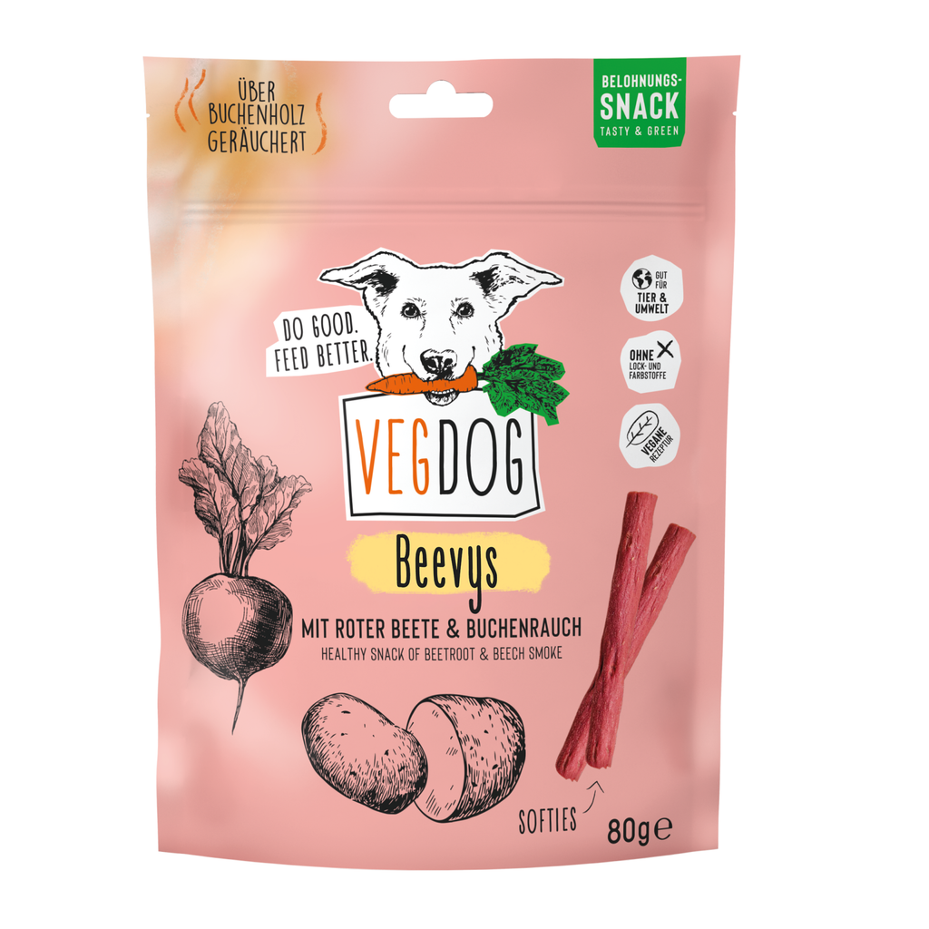 VEGDOG Beevys 80 g – Friandises végétales fumées à la betterave hypoallergéniques