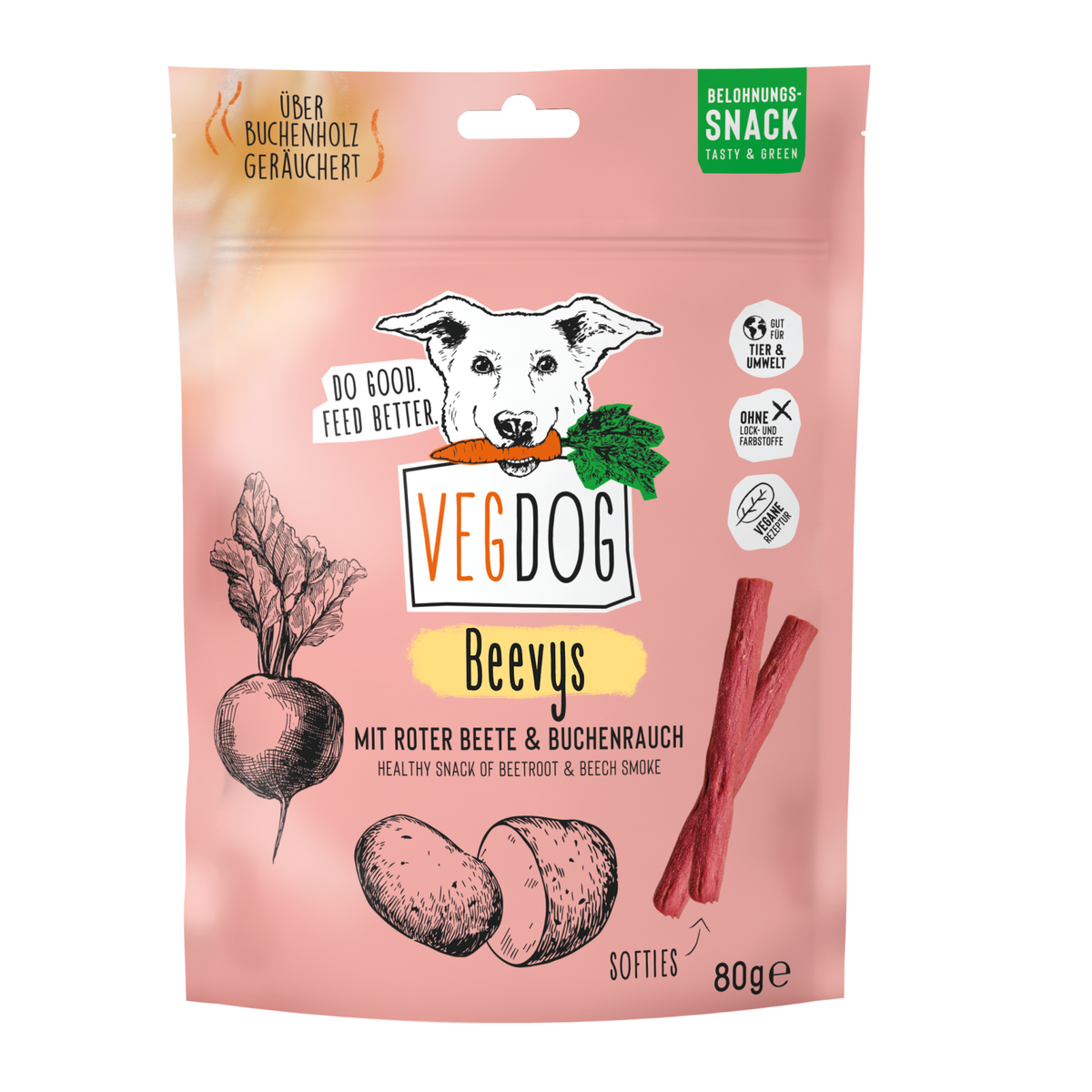 VEGDOG Beevys 80 g – Friandises végétales fumées à la betterave hypoallergéniques