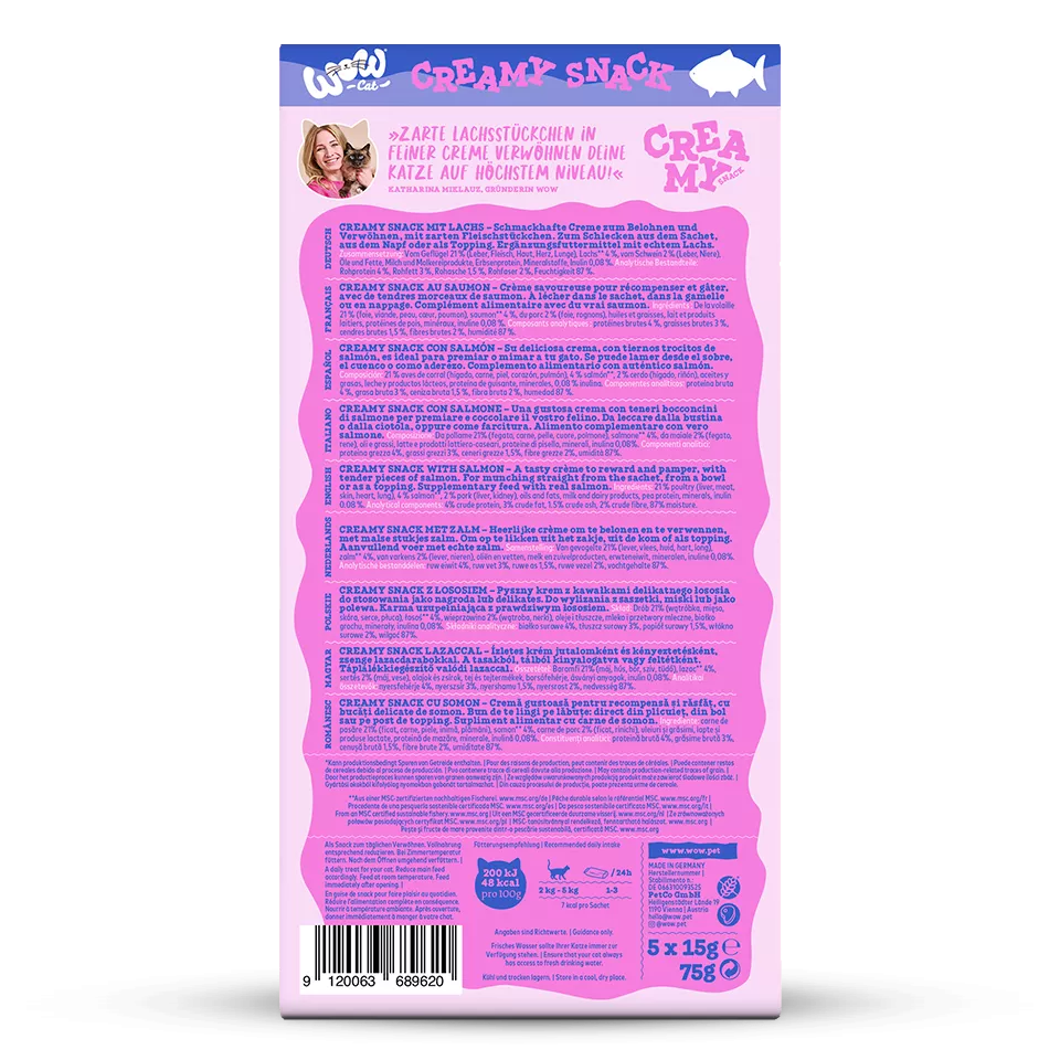 WOW Creamy Snack Saumon – Friandise crémeuse pour chat