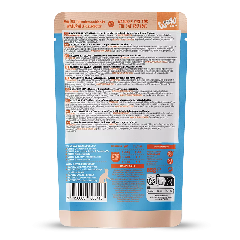 WOW CAT Saumon en Sauce – Nourriture humide pour chat adulte 85g