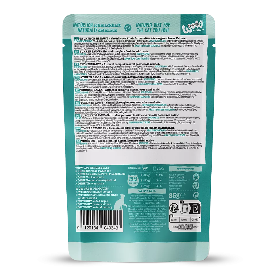 WOW CAT Thon en Sauce – Nourriture humide pour chat adulte 85g
