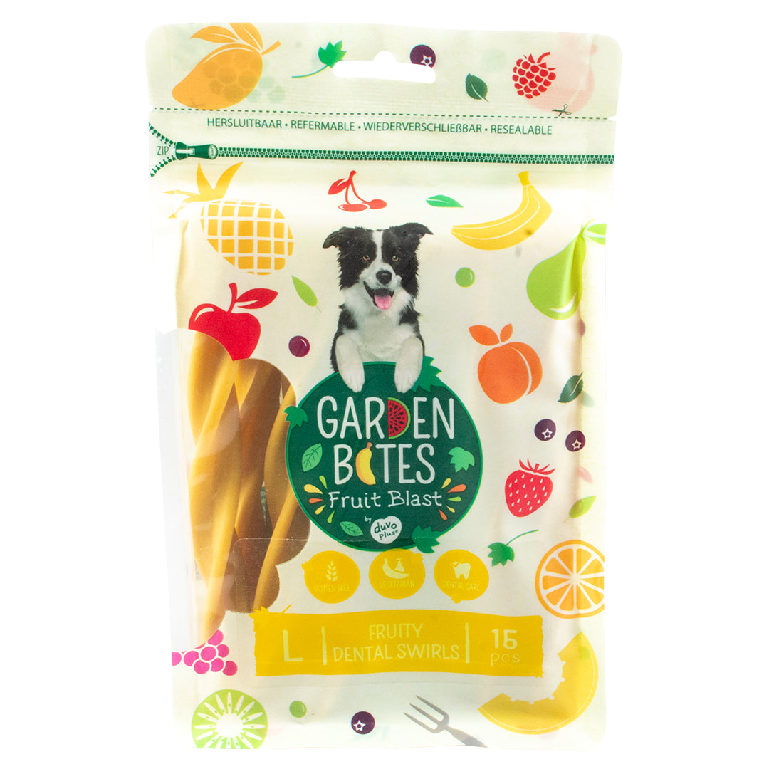 Garden Bites Fruity Dental Swirls L – Friandises dentaires végétales – 15 pièces