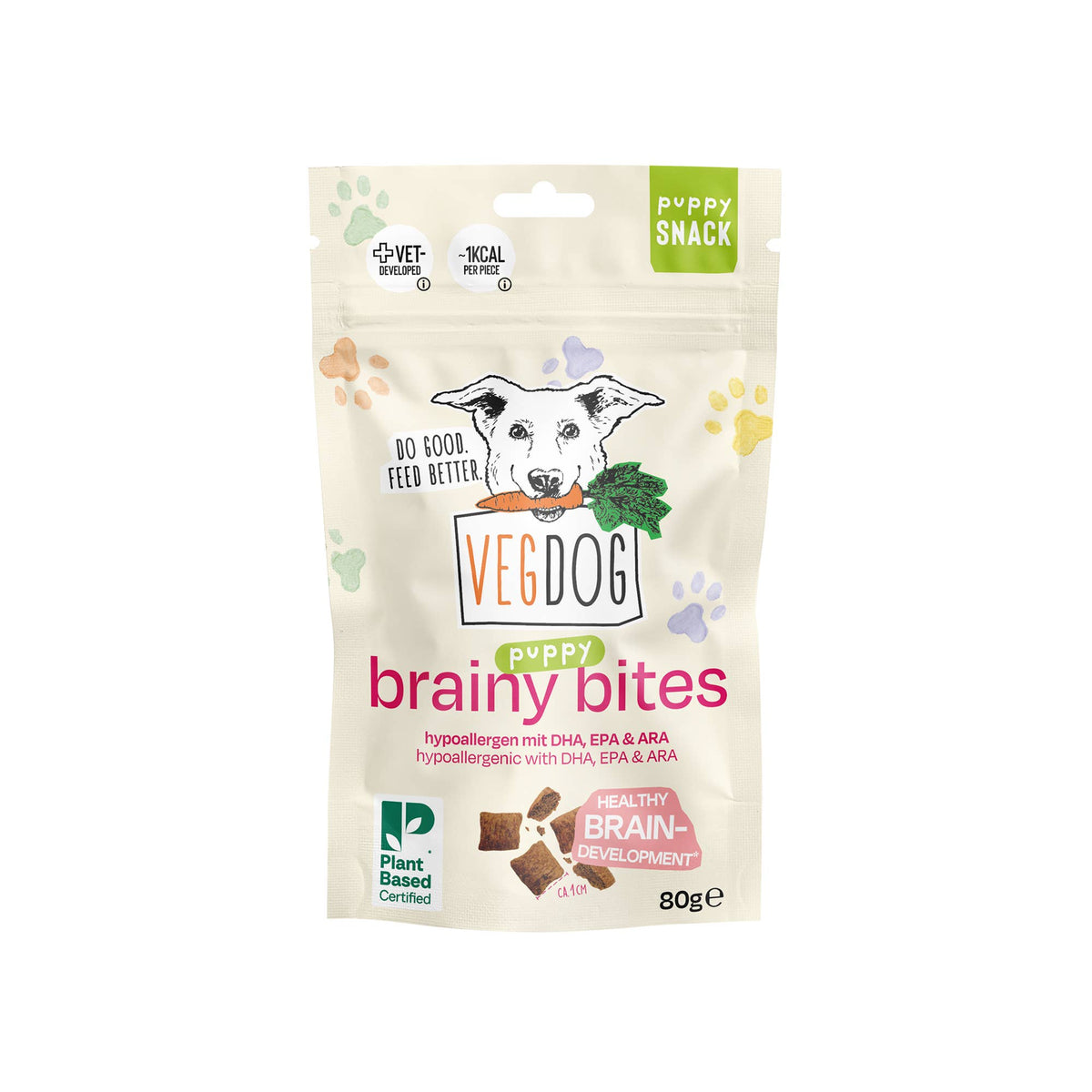 VEGDOG Brainy Bites 80 g Chiot – Friandises végétales pour l'apprentissage hypoallergéniques