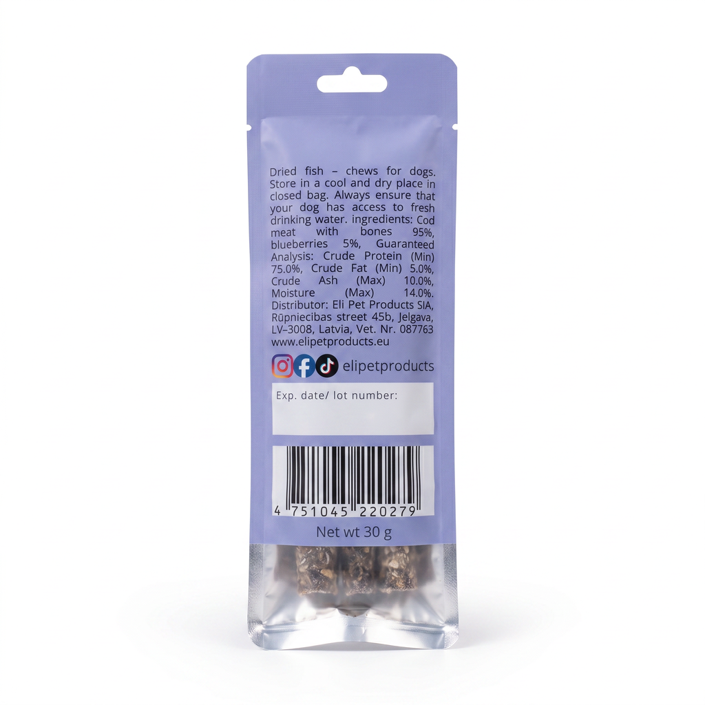 Bâtonnets Morue & Myrtilles – Eli Pet Products | 30g