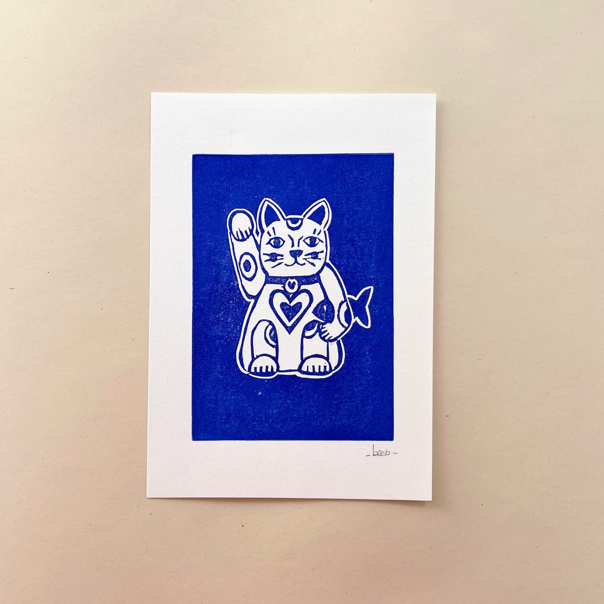 Linogravure 15 cm x 21 cm (A5) - Chat chanceux/Maneki Neko