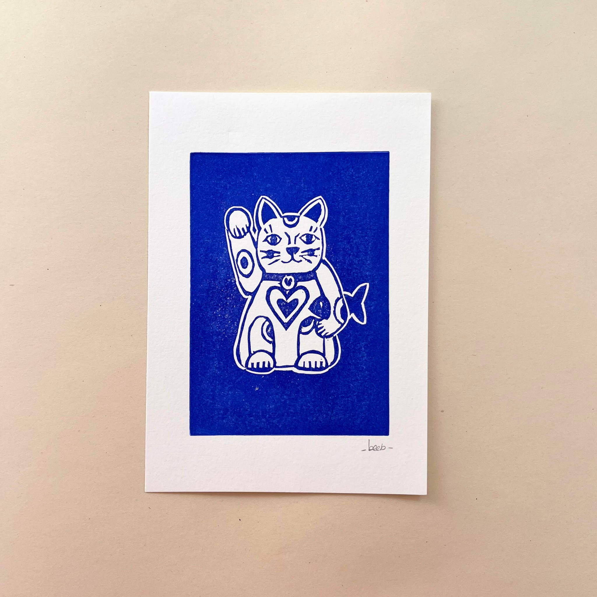 Linogravure 15 cm x 21 cm (A5) - Chat chanceux/Maneki Neko