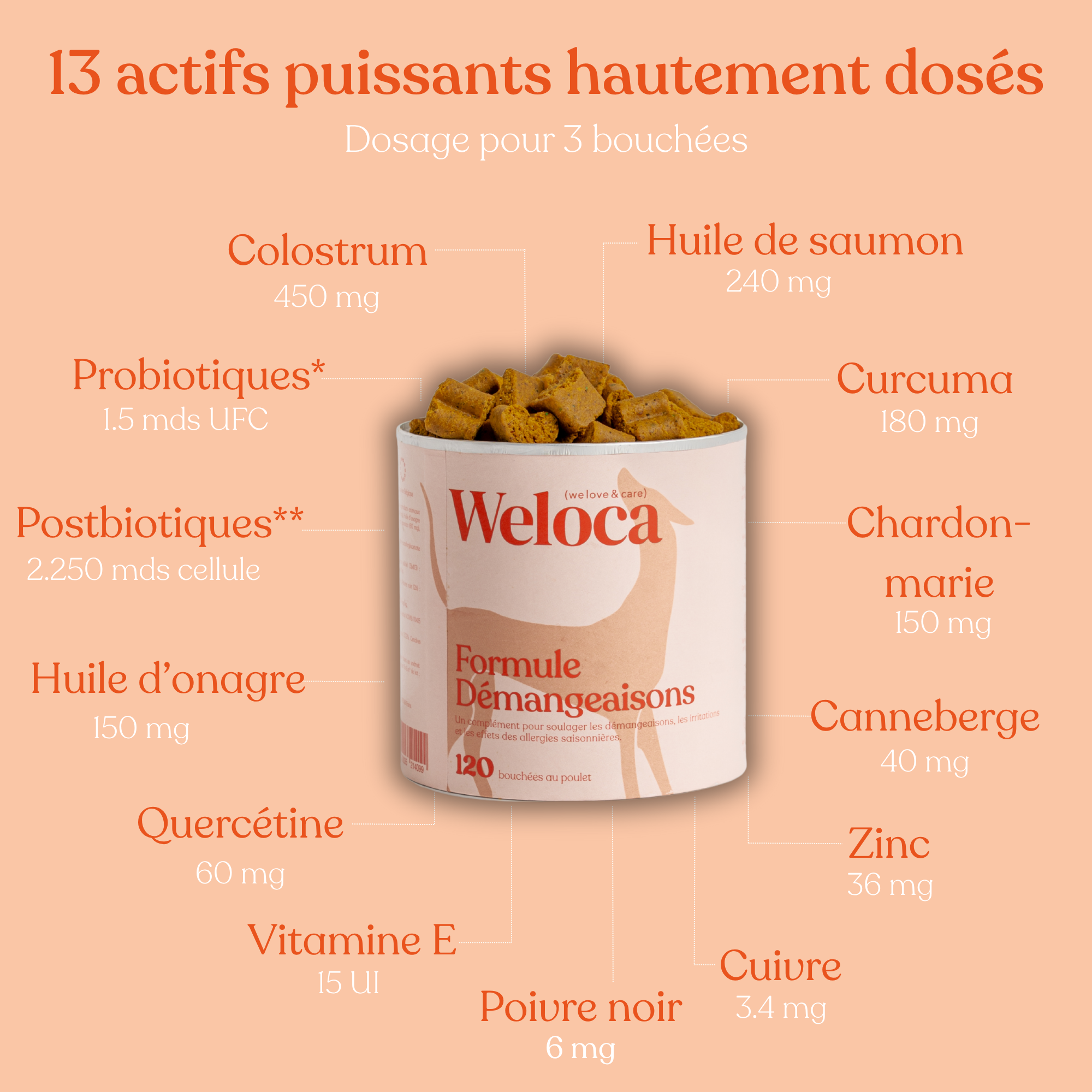 Weloca – Complément Démangeaisons pour chien (120 bouchées)