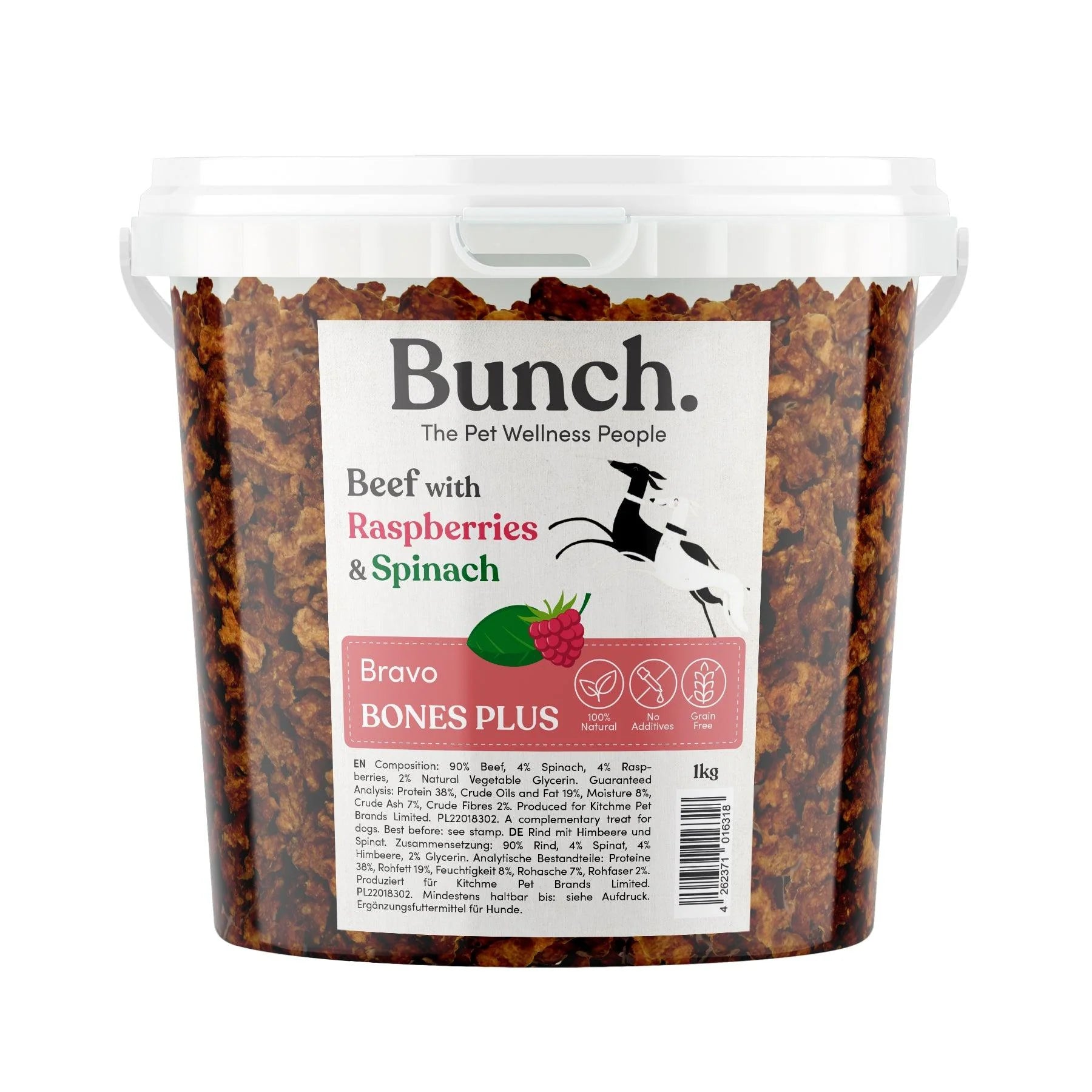 Mini Bones d'entraînement au bœuf, framboises & épinards – friandises Bunch (seau 1 kg)