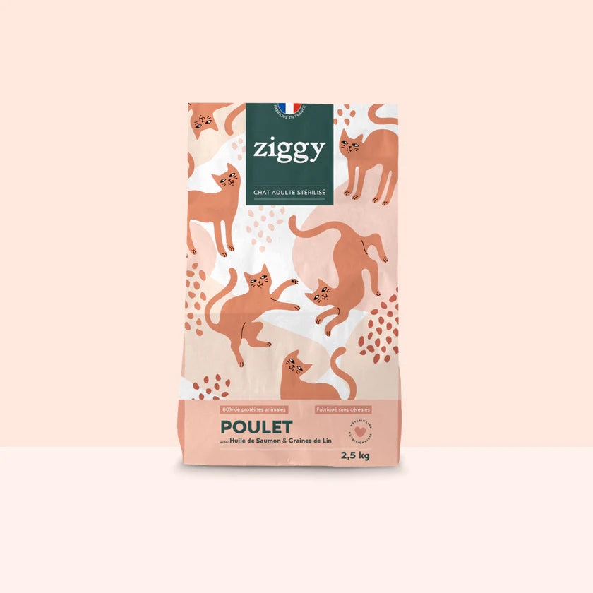 Croquettes Ziggy au poulet, huile de saumon & graines de lin – Chat adulte stérilisé 1kg