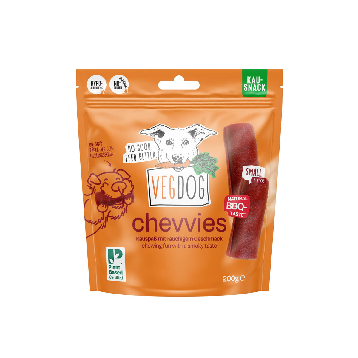 VEGDOG Chevvies Small 200 g – Bâtonnets à mâcher hypoallergéniques saveur BBQ
