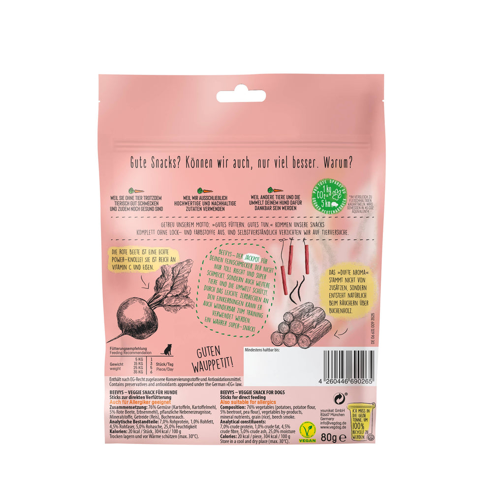 VEGDOG Beevys 80 g – Friandises végétales fumées à la betterave hypoallergéniques