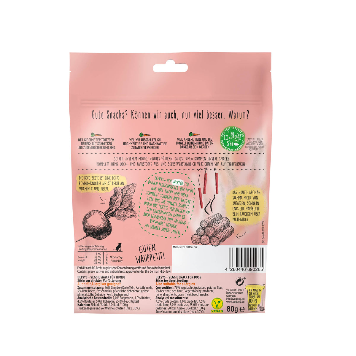 VEGDOG Beevys 80 g – Friandises végétales fumées à la betterave hypoallergéniques