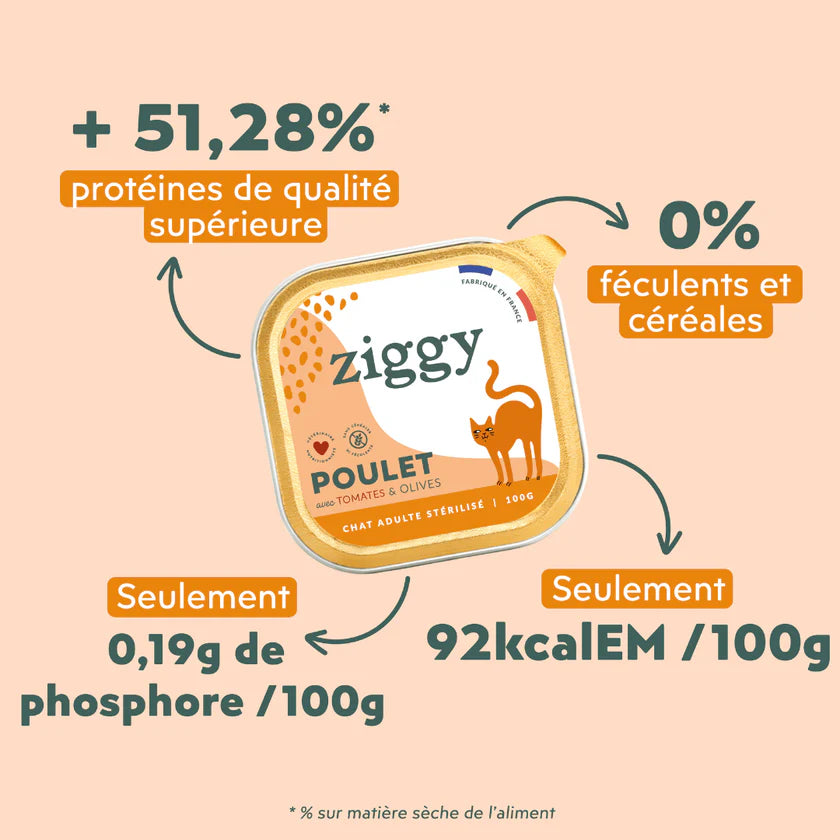 Pâtée Ziggy au poulet, tomate & olive – 4 x 100 g
